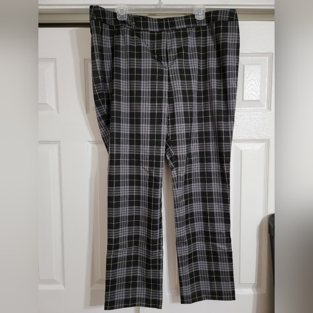 Low rise slim leg and slim fit black and lime/yellow plaid pants